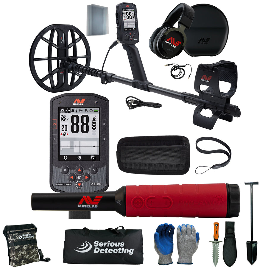 A metal detector kit laid out on a white background, including a black wireless metal detector with a digital display, headphones, carrying case, handheld pinpointer with red grip, gloves, shovel,  and other accessories. The brand name 'Serious Detecting' is visible on several items.