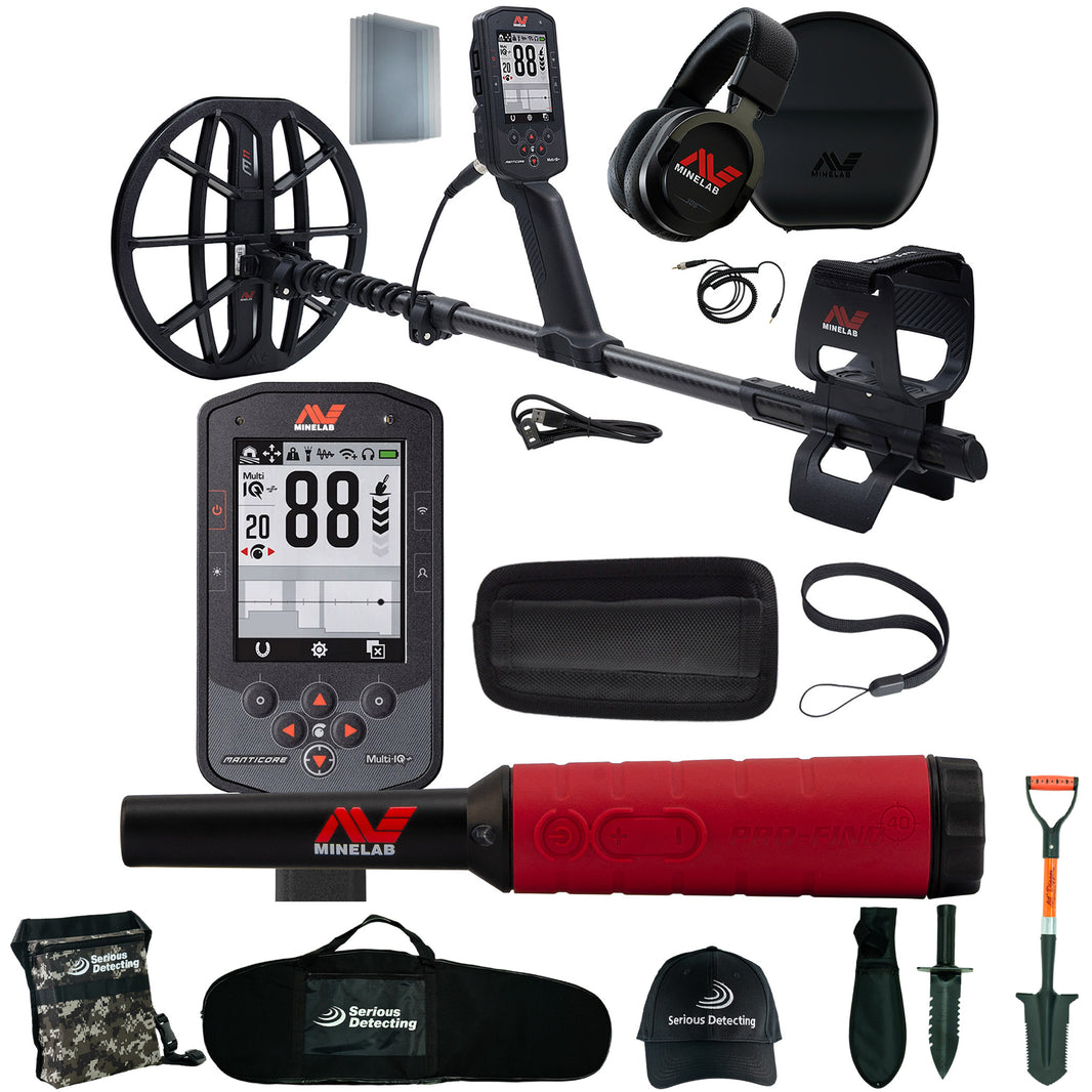 MINELAB Manticore High Power Metal Detector with Pro-Find 40 and Serious Detecting accessory kit with pouch, carry bag, hat, digger, and shovel