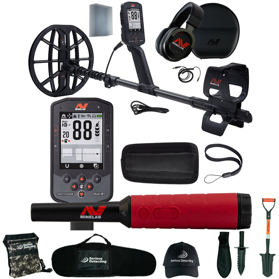 MINELAB Manticore High Power Metal Detector with Pro-Find 40 and Serious Detecting accessory kit with pouch, carry bag, hat, digger, and shovel