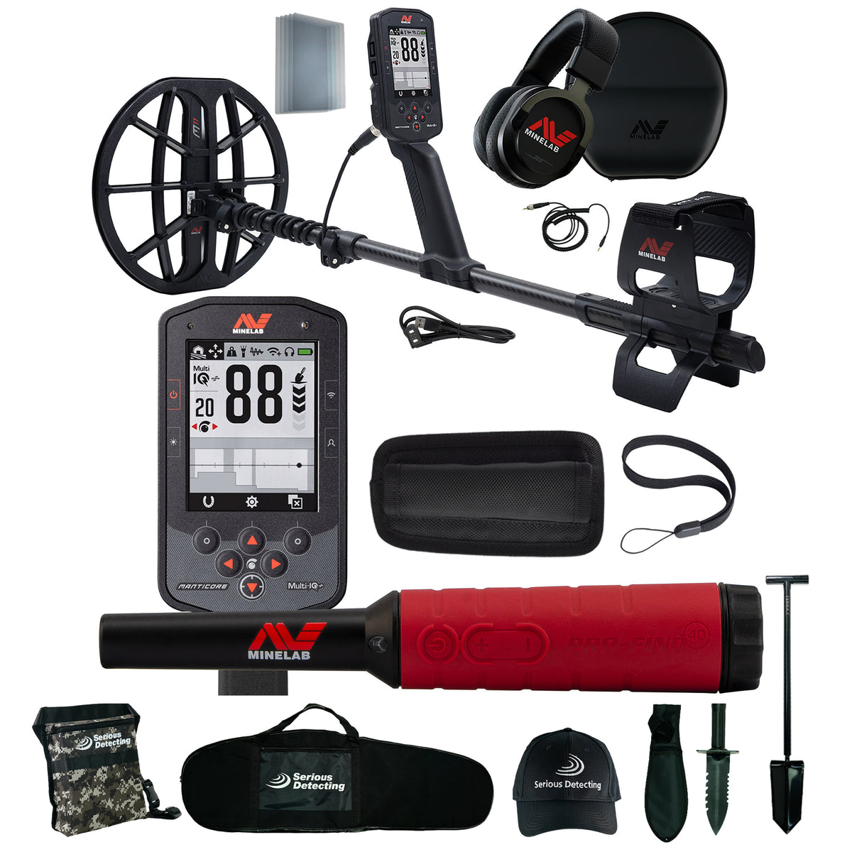 A metal detector kit laid out on a white background, including a black metal detector with a large round coil, a control box, headphones, carrying case, battery, straps, a red-and-black handle, a carrying pouch, a cap, and small accessories. The Minelab brand name is visible on several items.