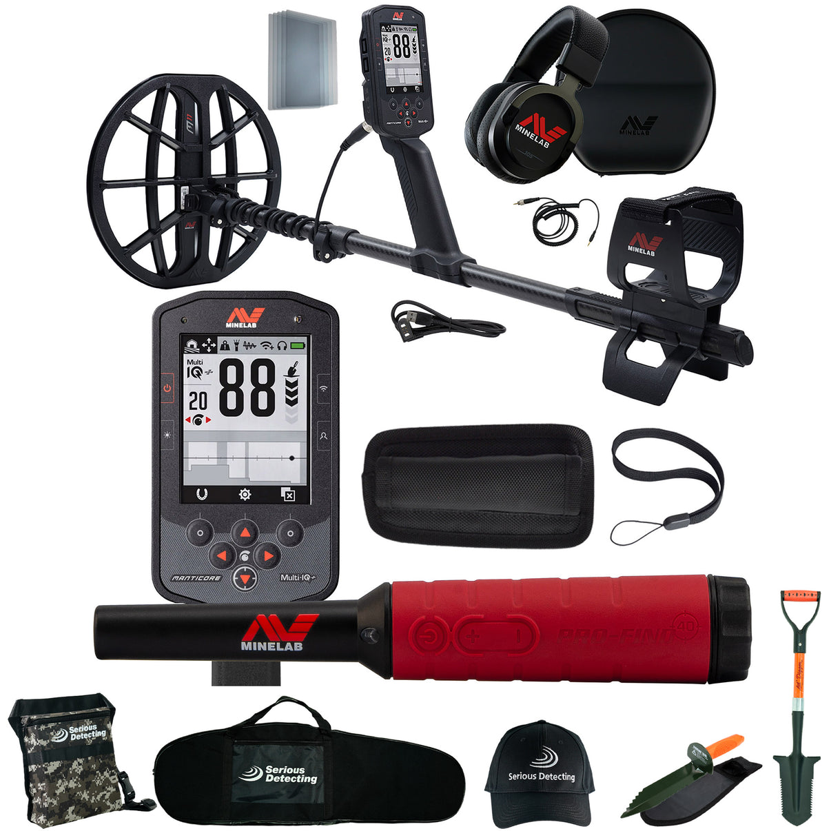 Minelab Manticore Metal Detector with Pro-Find 40 Pinpointer, and Serious Detecting kit that includes a Serious Detecting finds pouch,  detector bag, and hat.  An orange handles digger with holster and a shovel called the Lil' Digger