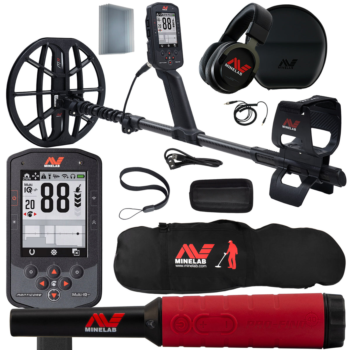 Minelab Manticore with M11 coil and wireless headphones, plus Pro-Find 40 pinpointer with holster and Minelab padded carry bag