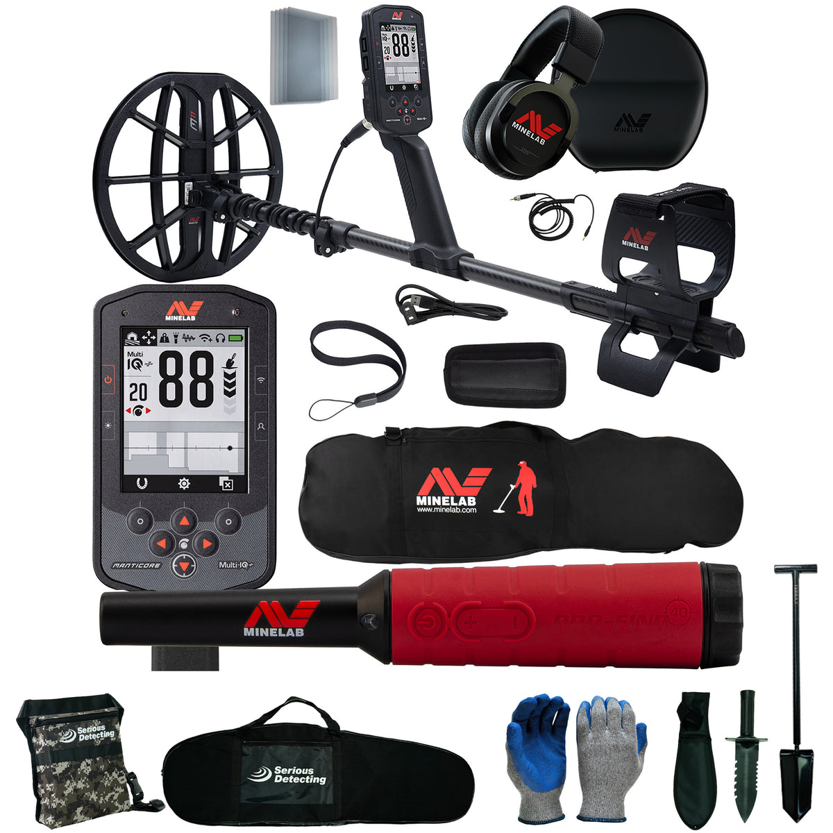 A Minelab metal detector kit laid out on a white background, including a black and red digital detector, headphones, carrying cases, gloves, shovel, and other accessories.