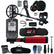 A Minelab metal detector kit laid out on a white background, including a black and red digital detector, headphones, carrying cases, gloves, shovel, and other accessories.