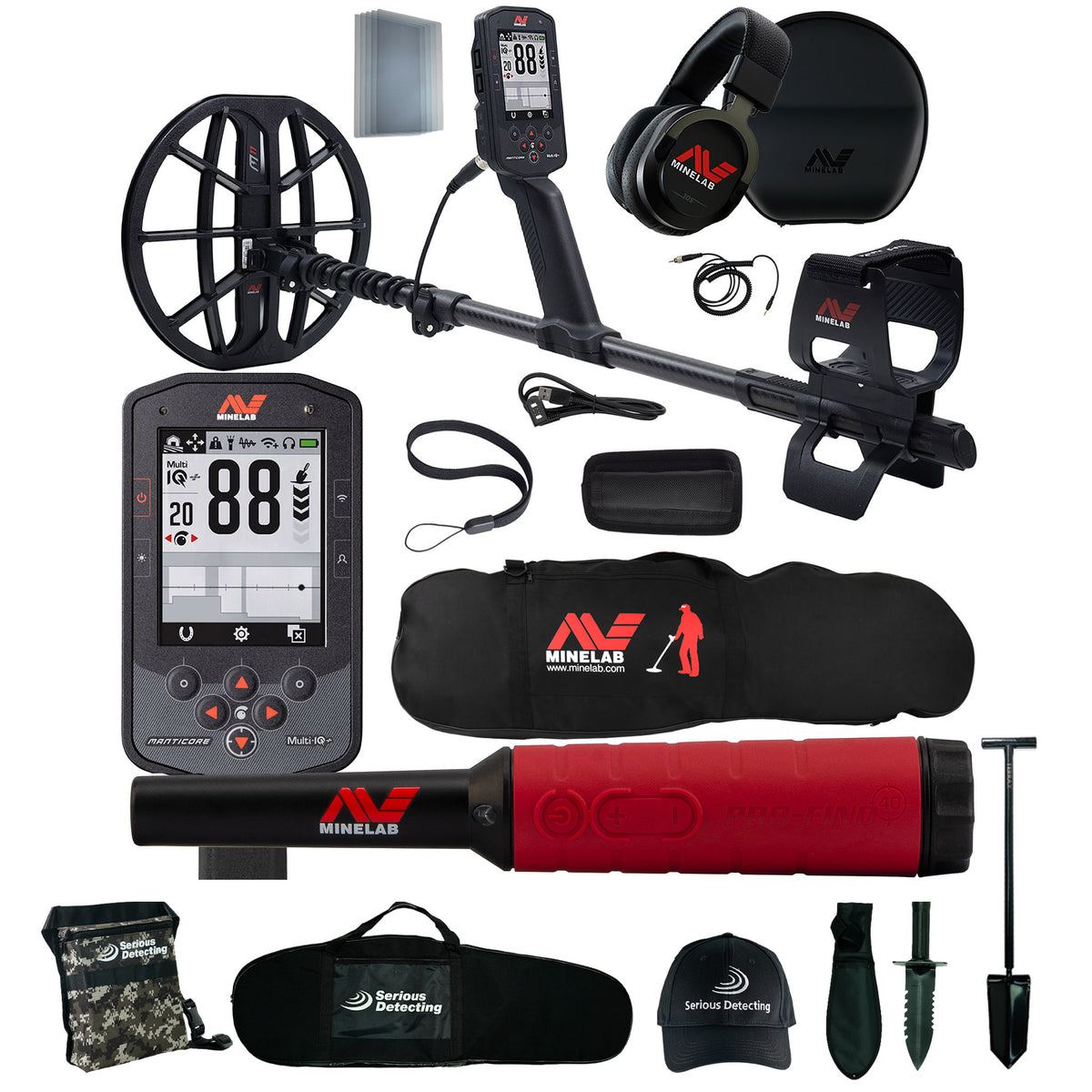 A Minelar metal detector kit laid out on a white background, including a black and metal detector with black and red pinpointer, control unit, headphones, carrying case, battery, pouches, shovel, and other accessories.