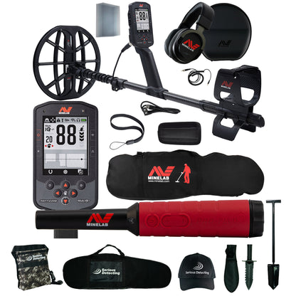 A Minelar metal detector kit laid out on a white background, including a black and metal detector with black and red pinpointer, control unit, headphones, carrying case, battery, pouches, shovel, and other accessories.