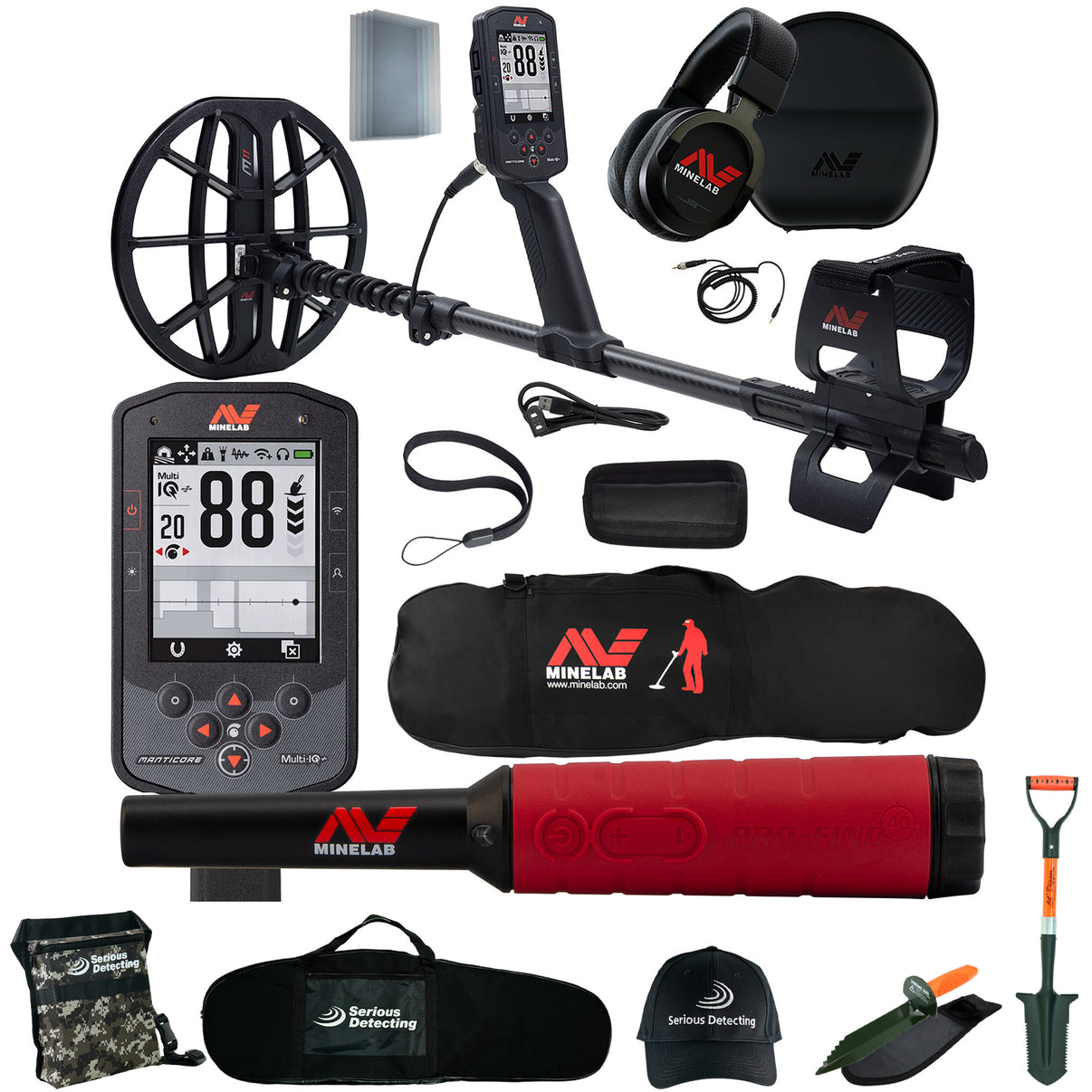 Minelab Manticore with Minelab Detector Bag, Pro-Find 40 Pinpointer, and Serious Detecting kit that includes a Serious Detecting finds pouch,  detector bag, and hat.  An orange handles digger with holster and a shovel called the Lil' Digger