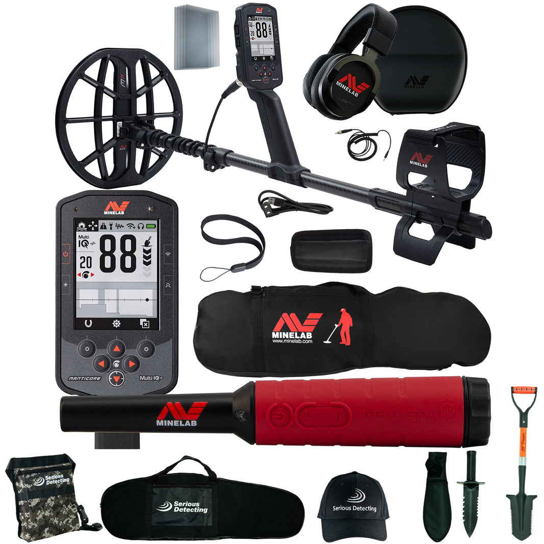 Minelab Manticore High Power Bundle with Pro-Find 40, Carry Bag, and Serious Detecting accessory kit with pouch, carry bag, hat, digger, and shovel