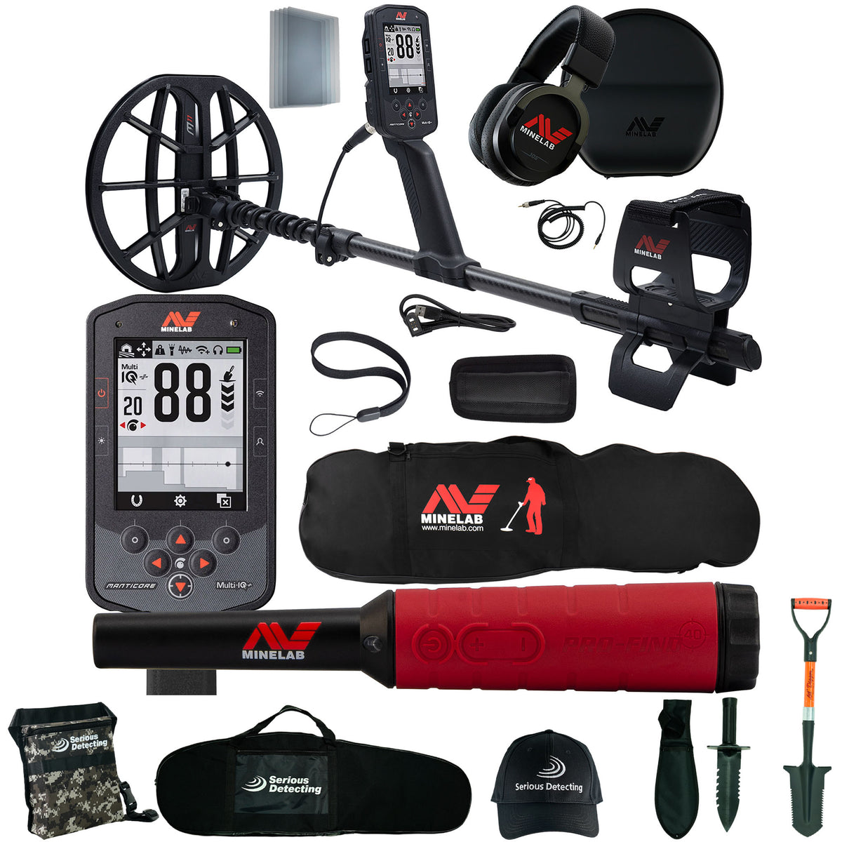 Minelab Manticore High Power Bundle with Pro-Find 40, Carry Bag, and Serious Detecting accessory kit with pouch, carry bag, hat, digger, and shovel