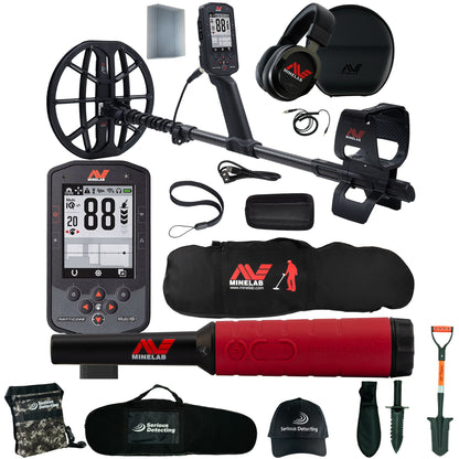 Minelab Manticore High Power Bundle with Pro-Find 40, Carry Bag, and Serious Detecting accessory kit with pouch, carry bag, hat, digger, and shovel