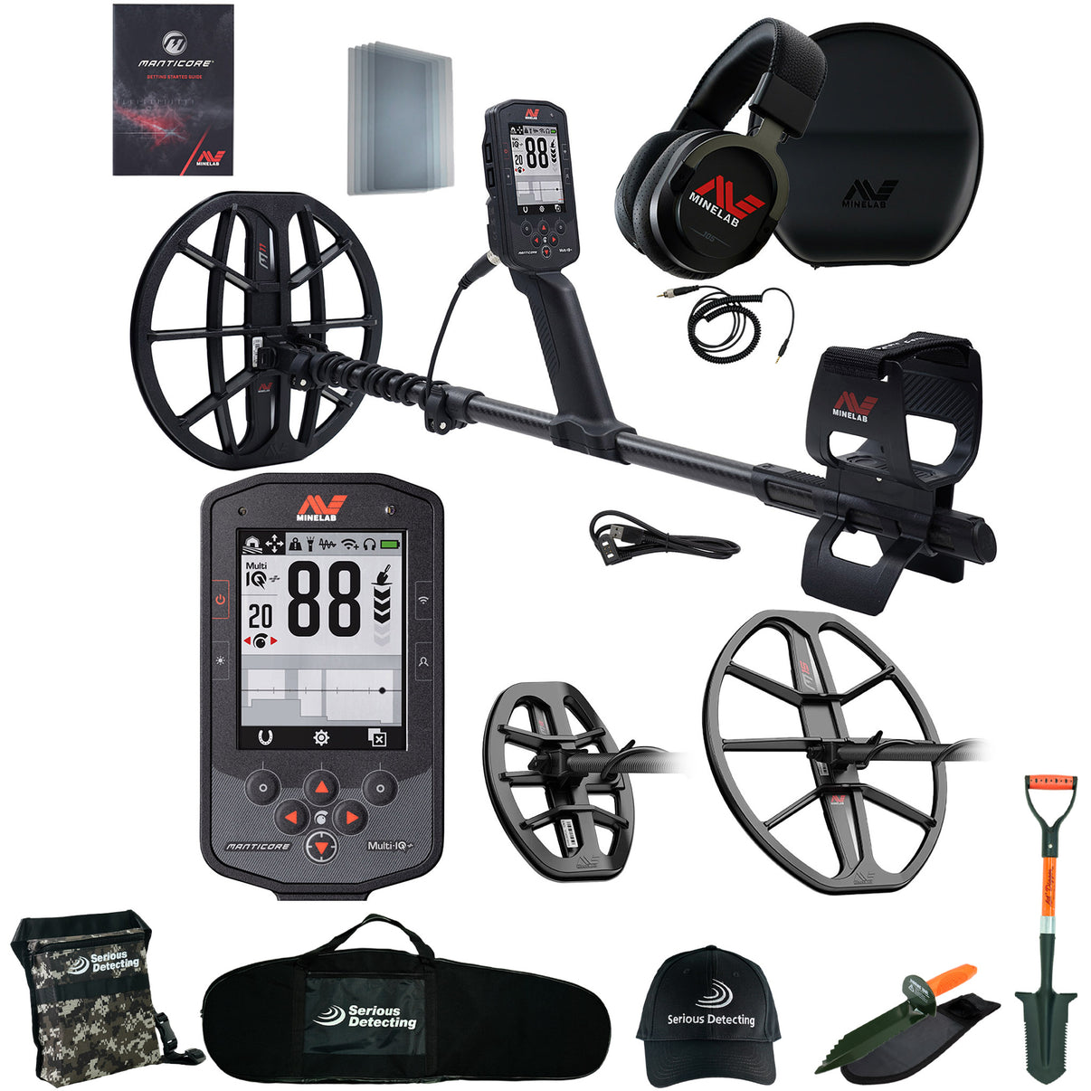 Minelab Manticore Metal Detector with a 8  inch and 15 inch coil set and Serious Detecting kit that includes a Serious Detecting finds pouch,  detector bag, and hat.  An orange handles digger with holster and a shovel called the Lil' Digger