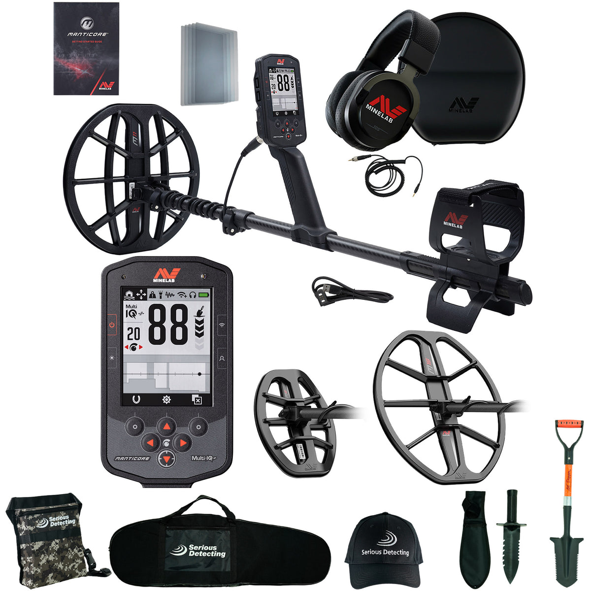 MINELAB Manticore High Power Metal Detector with M8 & M15 Coils and Serious Detecting accessory kit with pouch, carry bag, hat, digger, and shovel