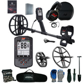 A metal detector kit laid out on a white background, including a black metal detector with two coils, over-ear headphones, a carrying case, gloves, a pouch, and small accessories. The visible brand on multiple items is ANF, with a smaller 'Detectone' logo also visible on the pouch.