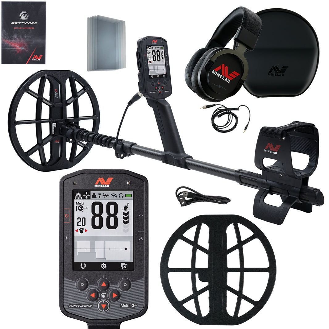 Minelab Manticore metal detector with gray coil, black shaft, digital display, and arm cuff assembly, shown against a white background