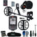 A metal detector kit laid out on a white background, including a black metal detector with a large coil and control box, over-ear headphones, carrying case, ground coil, gloves, shovel, brush remover, and accessories. The detector and accessories show the visible brand name 'Serious Detecting'.