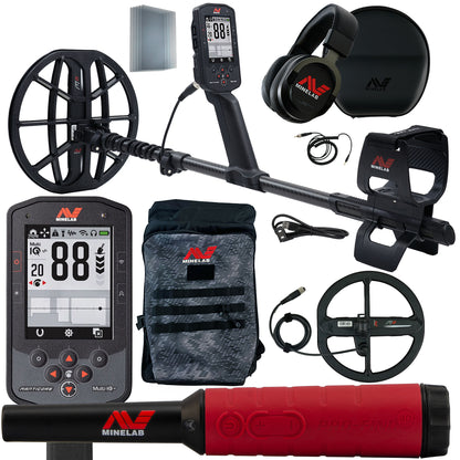 Minelab Manticore high power metal detector with M11 coil, wireless headphones, and Pro-Find 40 pinpointer on white background