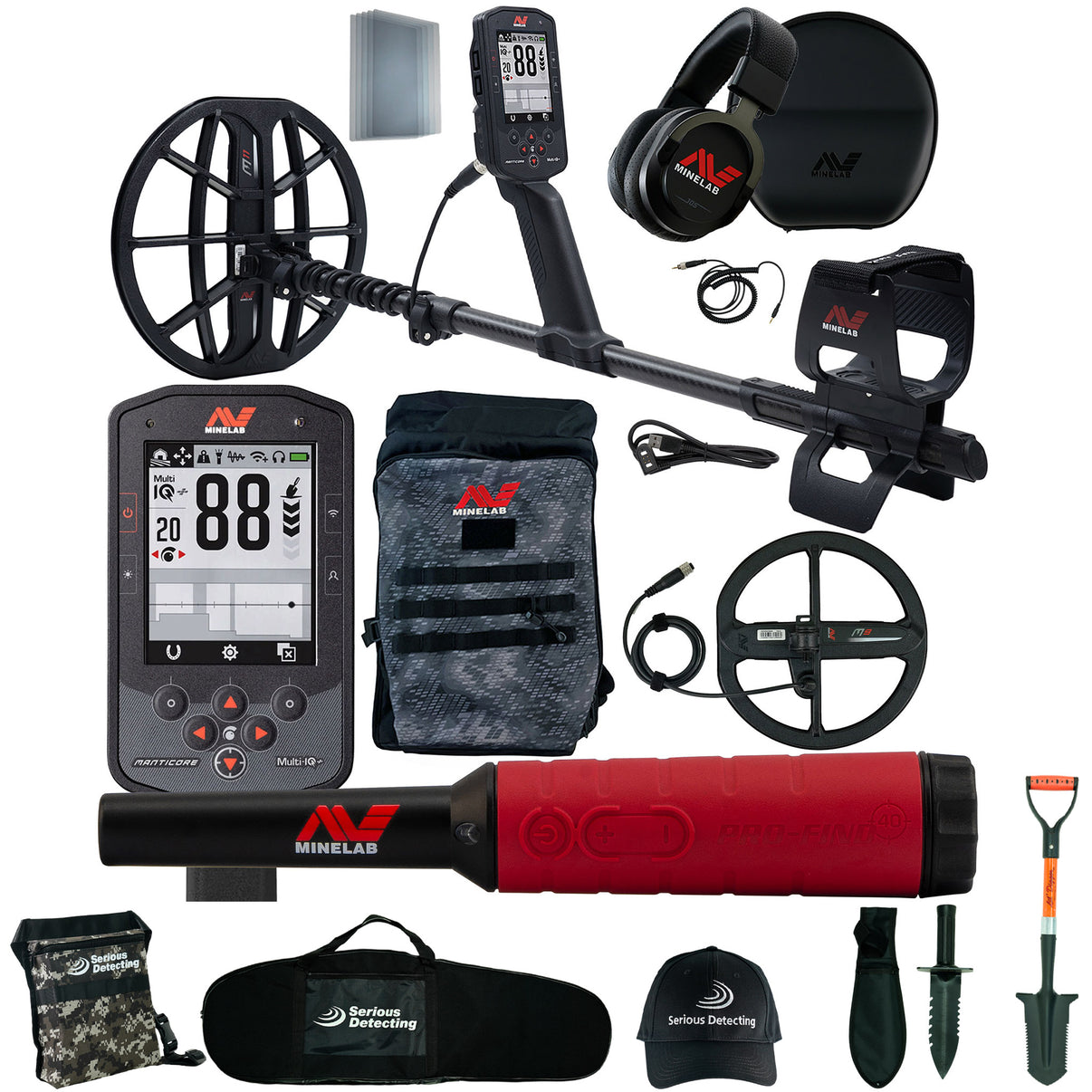 MINELAB Manticore High Power Metal Detector with M9 Coil, Pro-Find 40, Backpack, and Serious Detecting accessory kit with pouch, carry bag, hat, digger, and shovel
