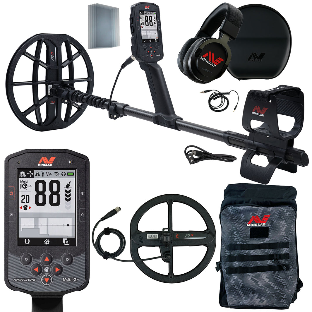 Minelab Manticore High Power Metal Detector with M9 coil, carbon-fiber shaft, wireless headphones, and backpack bundle