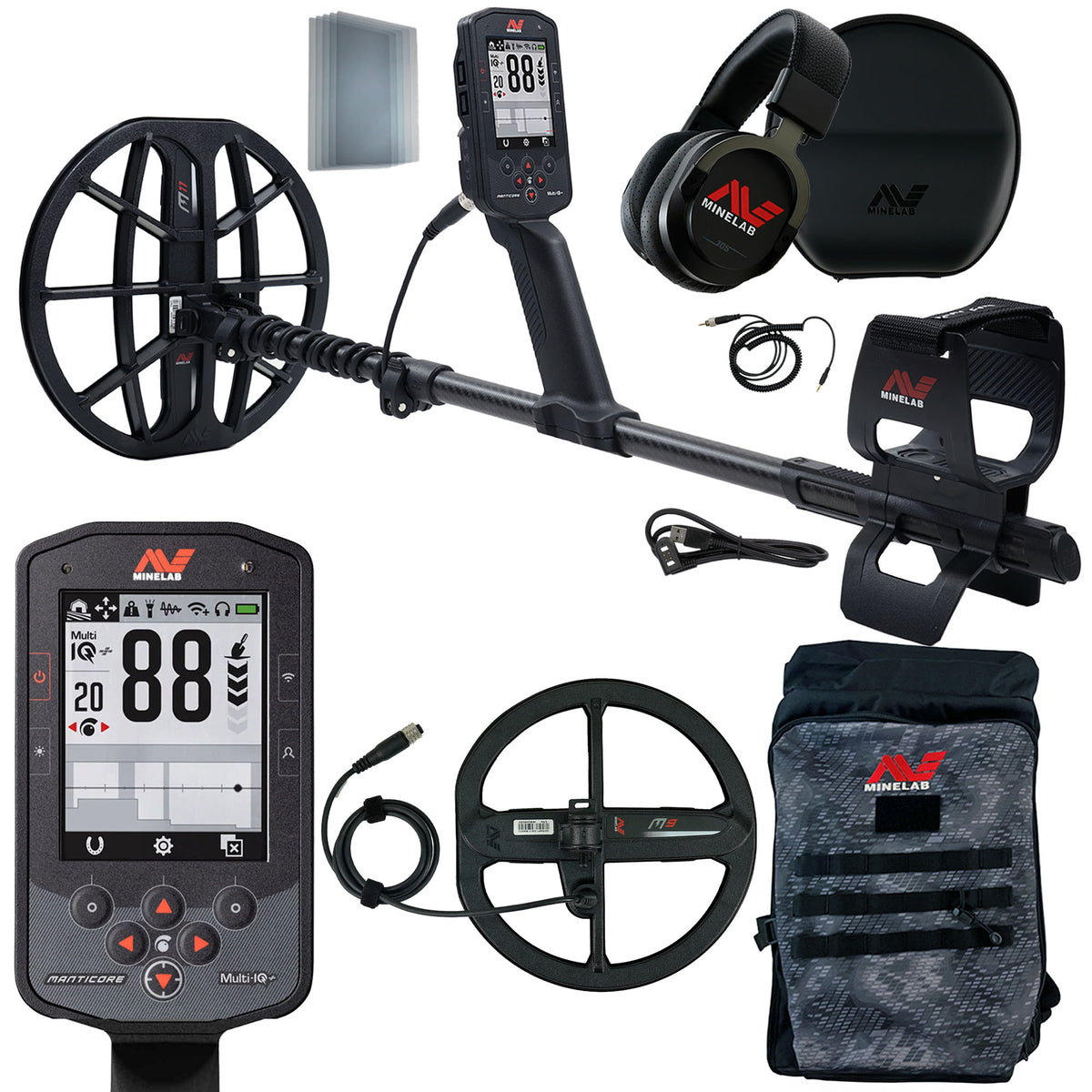Minelab Manticore High Power Metal Detector with M9 coil, carbon-fiber shaft, wireless headphones, and backpack bundle
