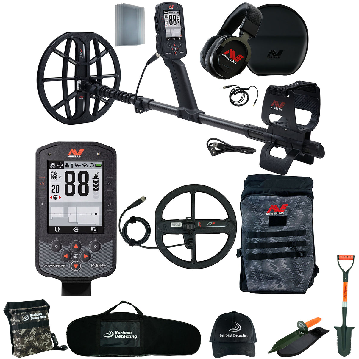 MINELAB Manticore High Power Metal Detector with M9 Coil, Backpack, and Serious Detecting accessory kit - shovel, digger, bag, pouch, and hat