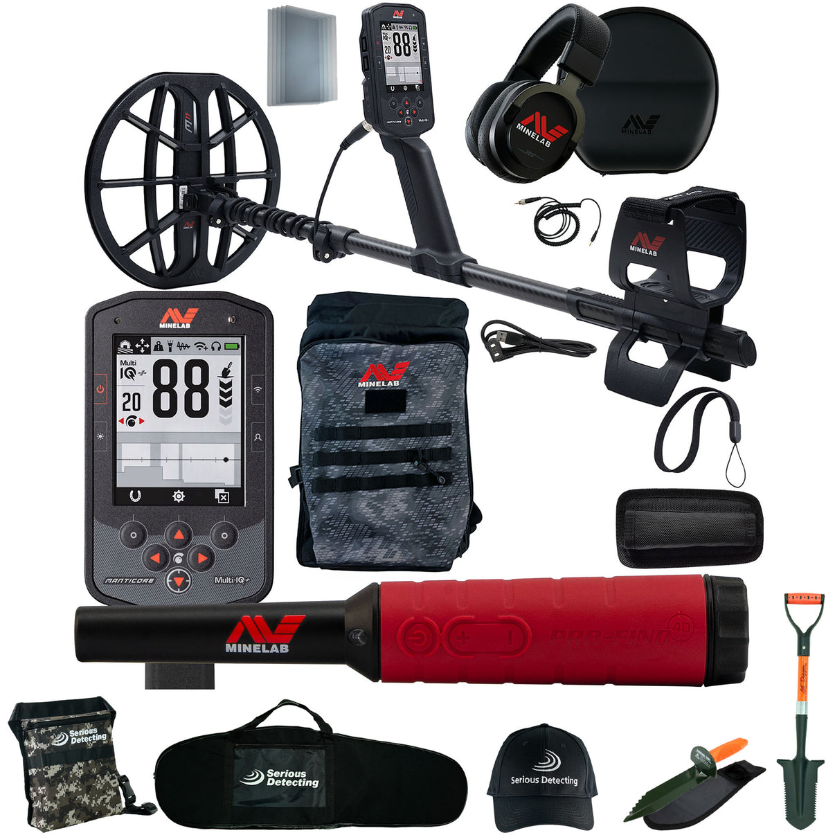 MINELAB Manticore High Power Metal Detector with PRO-FIND 40 Pinpointer, Backpack, and Serious Detecting kit - Find Pouch, Carry Bag, Hat, Digger, and Shovels.