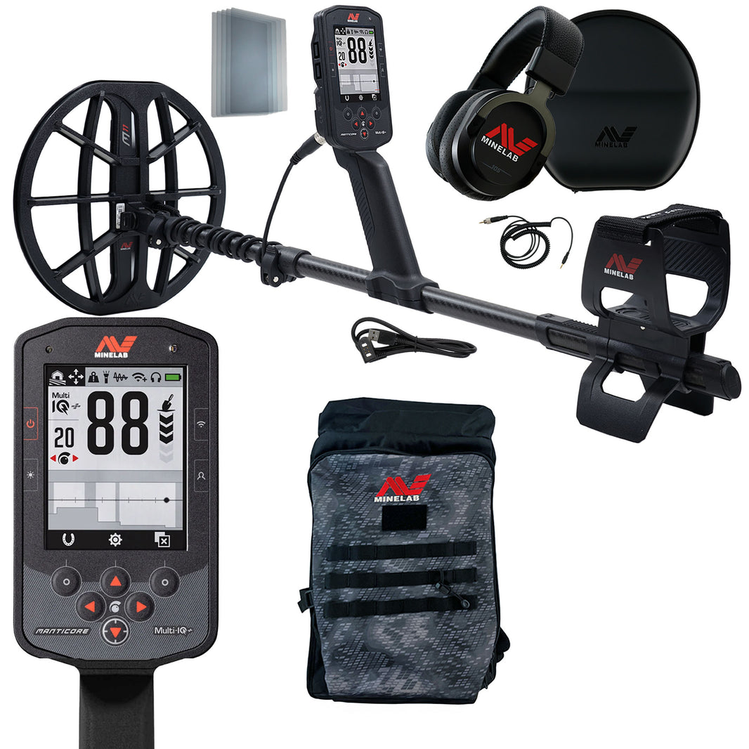 MINELAB Manticore High Power Metal Detector shown with with gray camouflage backpack, headphones and cables against a white background  
