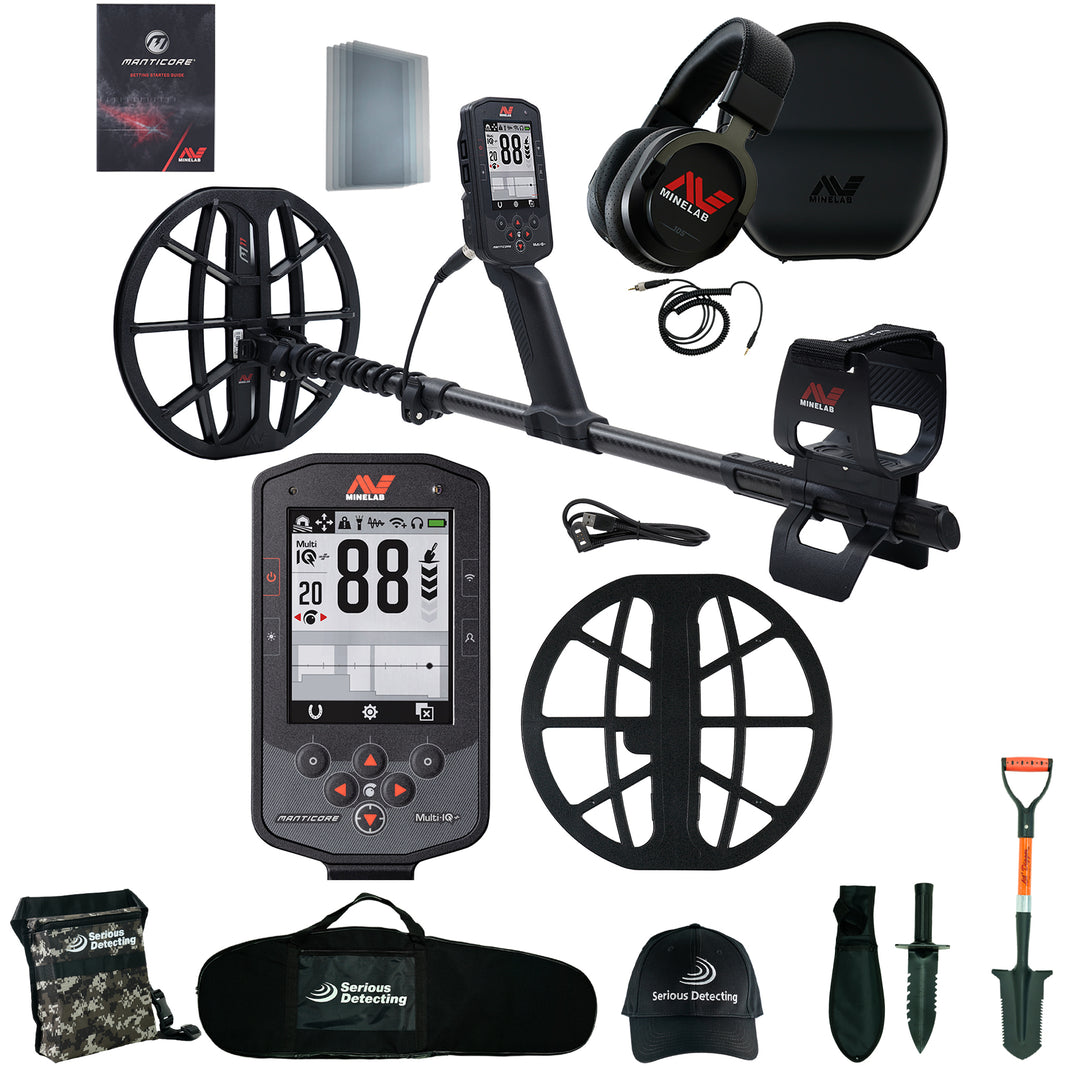 MINELAB Manticore High Power Metal Detector and Serious Detecting accessory kit with pouch, carry bag, hat, digger, and shovel