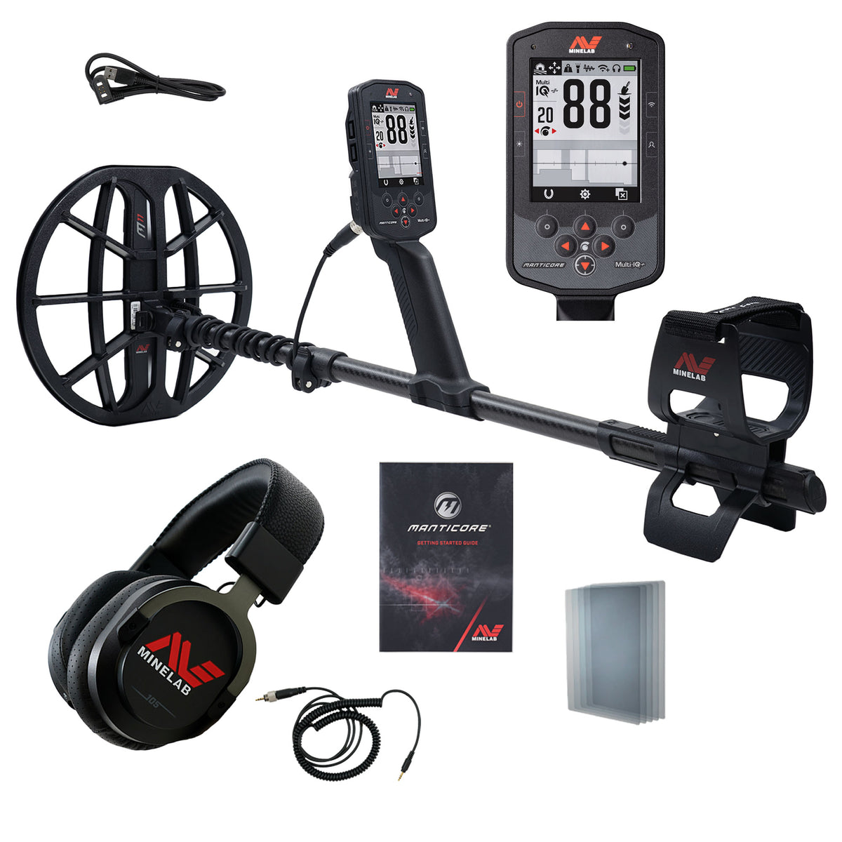 Minelab Manticore factory kit with M11 coil, ML 105 wireless headphones, cable and screen protectors