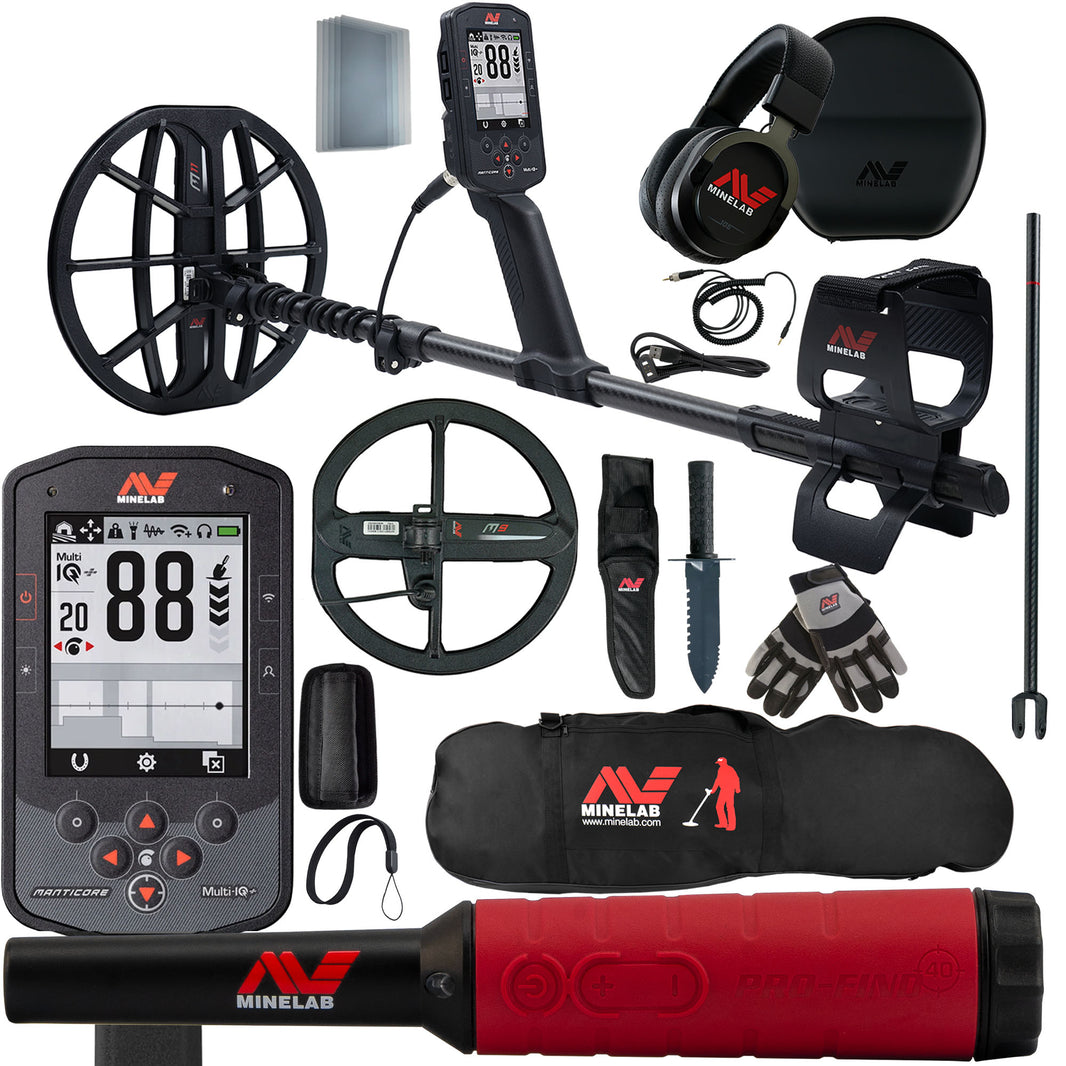 A Minelab metal detector kit arranged on a white background, including a black Minelab Manticore metal detector with a large circular coil, digital control box, black headphones, black carrying case, gloves, shovel, and a red-and-black pinpoiner or charger unit.