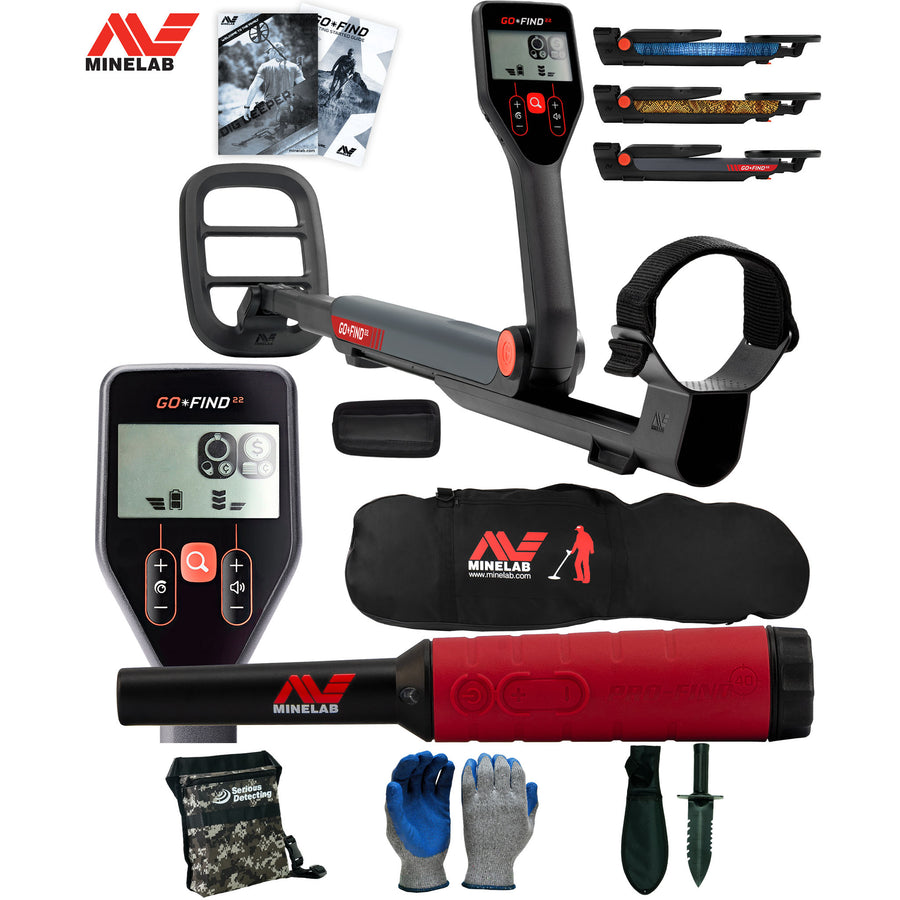 Minelab GO-FIND 22 Metal Detector with Pro-Find 40, Carry Bag, and Serious Detecting accessory kit with pouch, gloves, and digging knife
