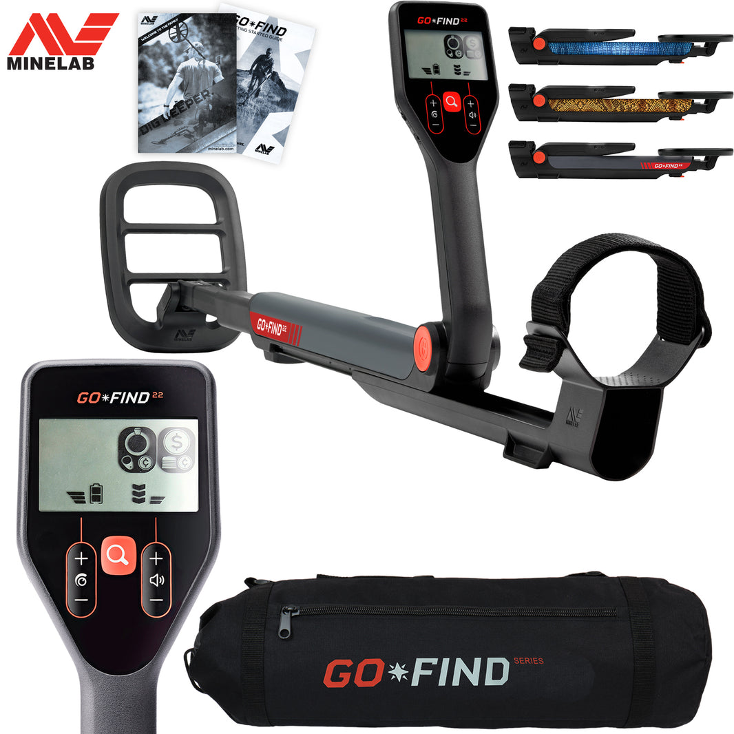 Minelab GO-FIND 22 metal detector bundle with black carry bag and accessories