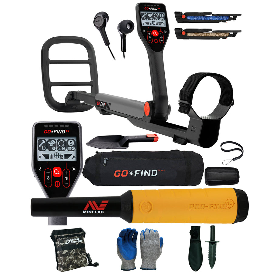 Minelab GO-FIND 66 Metal Detector Bundle with Pinpointer and Serious Detecting accessory kit with pouch, gloves, and digging knife
