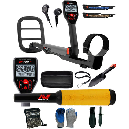 Minelab GO-FIND 66 Metal Detector Complete Package and Serious Detecting accessory kit with pouch, gloves, and digging knife
