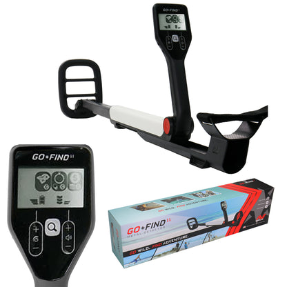 Minelab Go-Find 11 metal detector with control panel close-up and retail box
