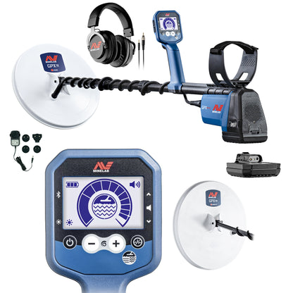 Open box Minelab GPX 6000 kit with GPX 11 mono coil, GPX 14 DD coil, battery, chargers and ML 100 headphones