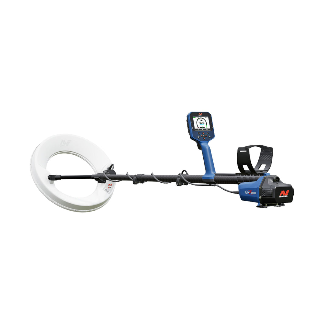 Minelab GPZ 8000 metal detector fully assembled with Z18 18 in concentric toroidal coil, blue control pod and armrest