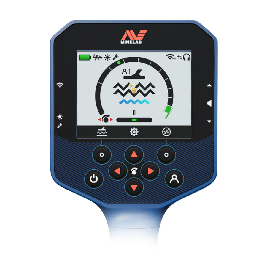 Minelab GPZ 8000 control pod showing the full-color LCD ground signal display and keypad