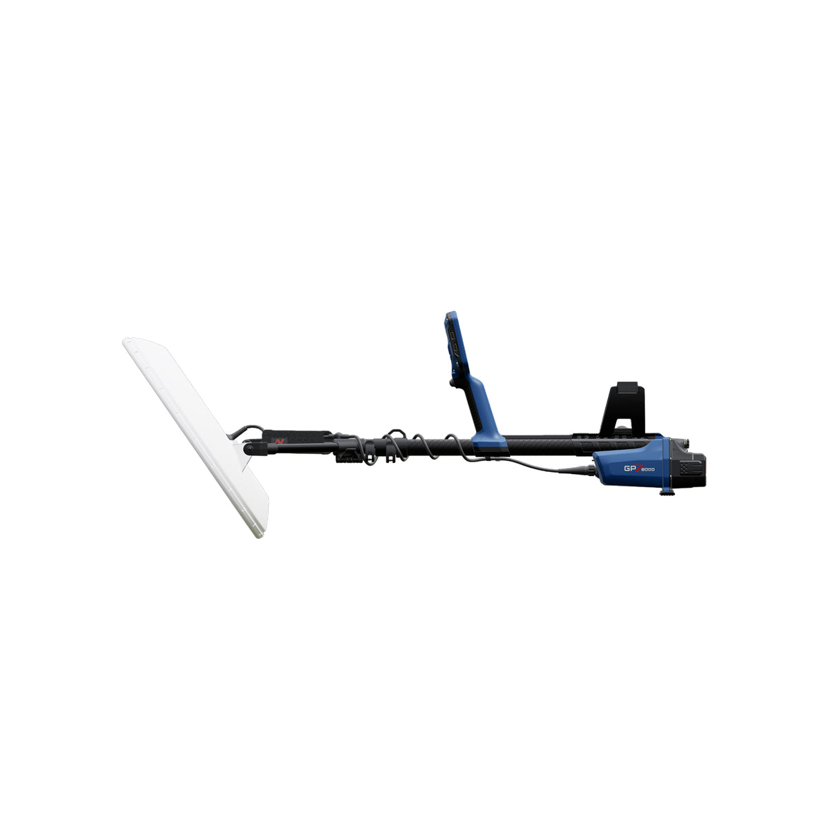 blue and black Minelab GPZ 8000 metal detector with round white coil collapsed  on white background