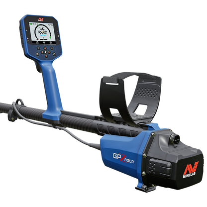 blue and black Minelab GPZ 8000 metal detector with black armrest and strap on white background