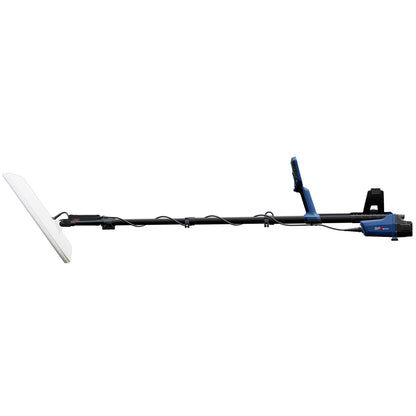 blue and black Minelab GPZ 8000 metal detector with round white coil extended to full length on white background