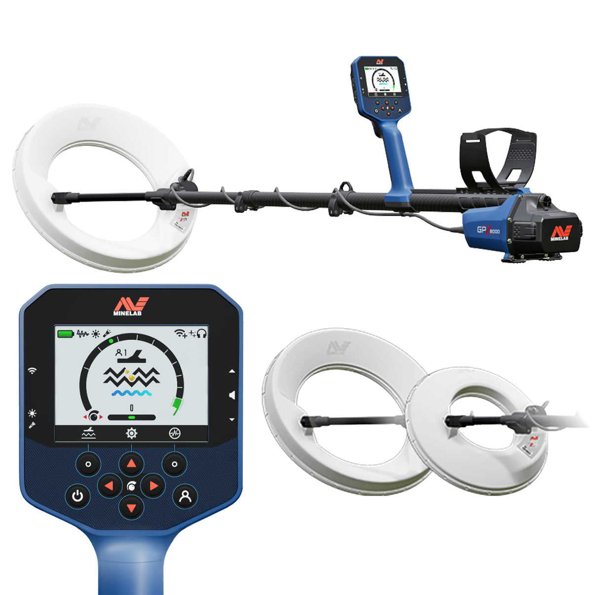 Minelab GPZ 8000 gold detector with control box, shaft assembly and coil on white background