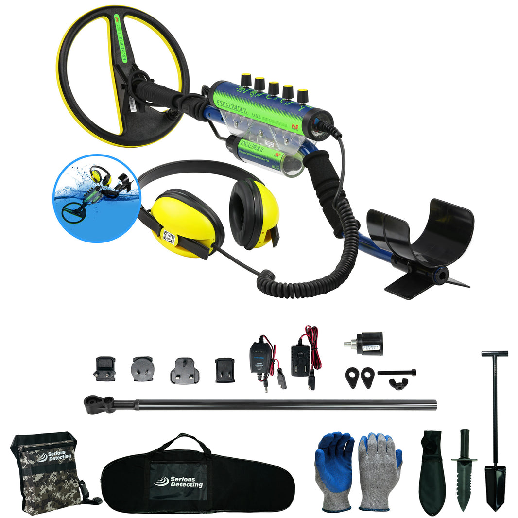 A metal detector kit with a blue and black detector, yellow and black headphones, a black carrying case, gloves, tools, and accessories, shown on a white background.