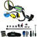 A metal detector kit with a blue and black detector, yellow and black headphones, a black carrying case, gloves, tools, and accessories, shown on a white background.