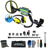 A metal detector kit laid out on a white background, including a blue and black metal detector with a yellow sweep arm, yellow-and-black headphones, a coiled cable, a black stand, accessories such as plugs, batteries, a baton, gloves, a digging knife, a shovel, and a carrying bag labeled 'Serious Detecting'.