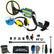 A metal detector kit laid out on a white background, including a blue and black metal detector with a yellow sweep arm, yellow-and-black headphones, a coiled cable, a black stand, accessories such as plugs, batteries, a baton, gloves, a digging knife, a shovel, and a carrying bag labeled 'Serious Detecting'.