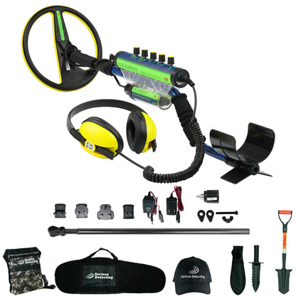 A metal detector kit with a blue and black control box, yellow and black headphones, a black carrying case, accessories, and tools including a shovel, digger, and cap on a white background.