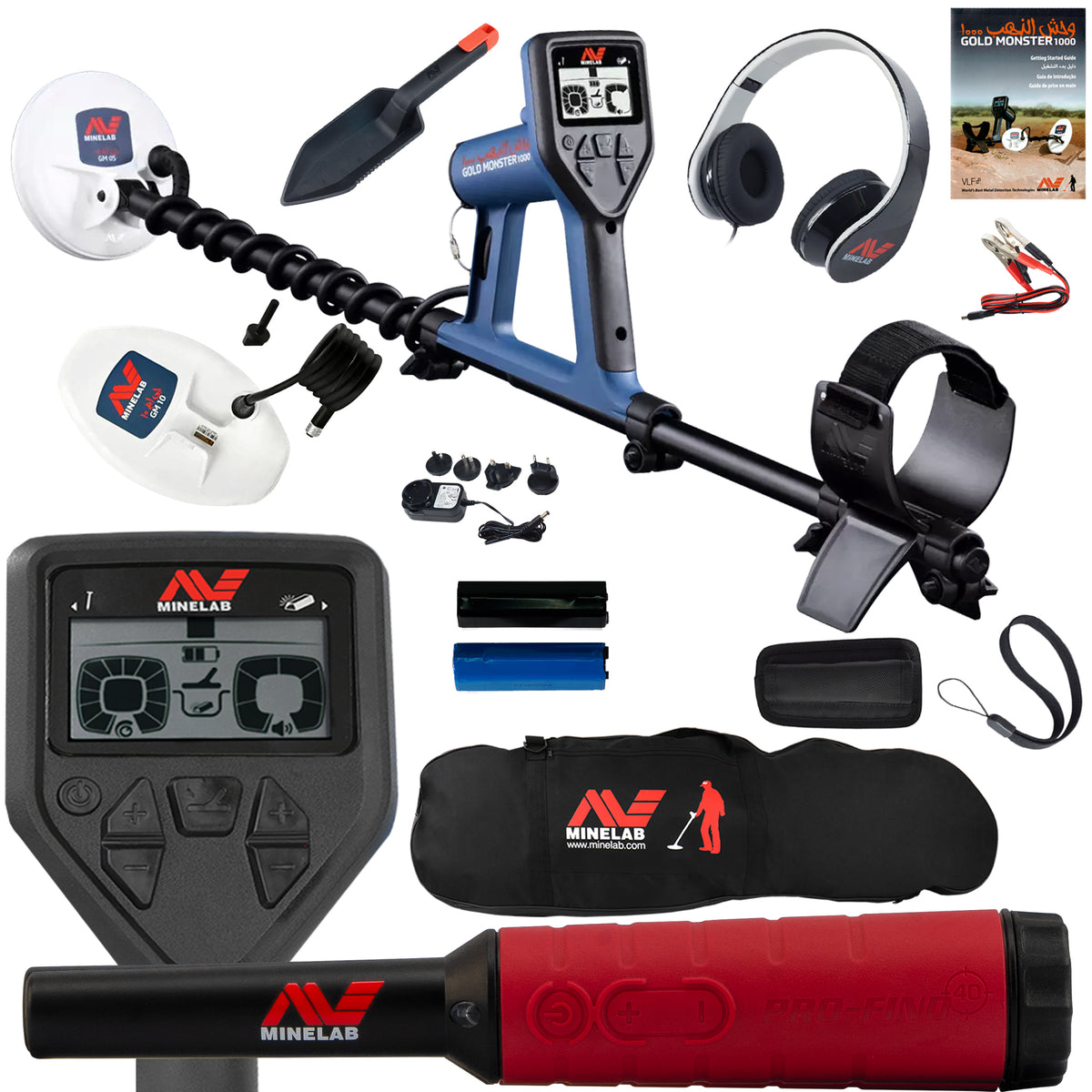 Minelab Gold Monster 1000 complete bundle with detector, coils, and accessories
