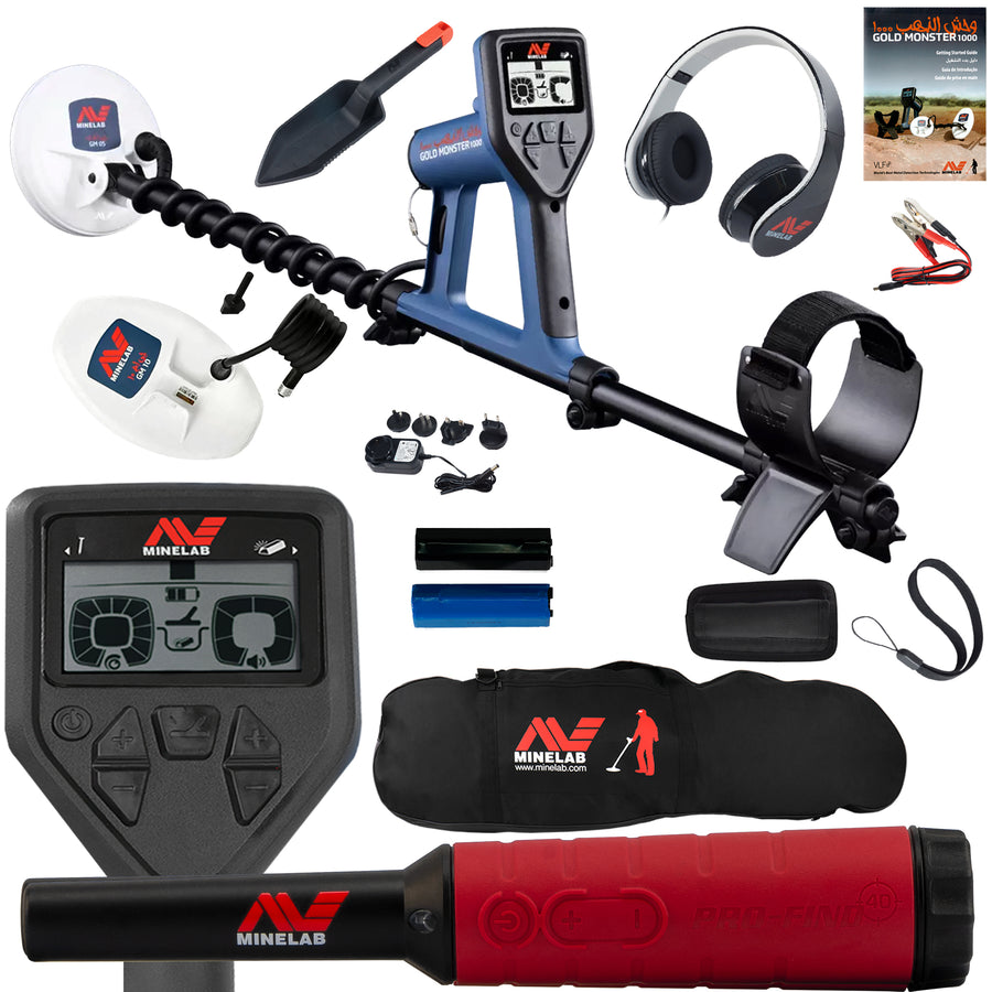 Minelab Gold Monster 1000 complete bundle with detector, coils, and accessories