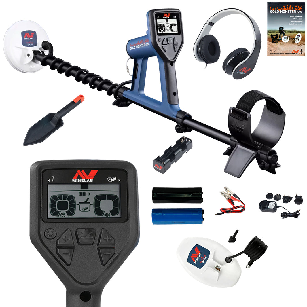 A metal detector kit on a white background, featuring a blue and black Minelab metal detector, a separate close-up view of the control handle, a white detector coil, a trowel, a pair of headphones, two batteries, a battery charger, and a small instruction booklet.