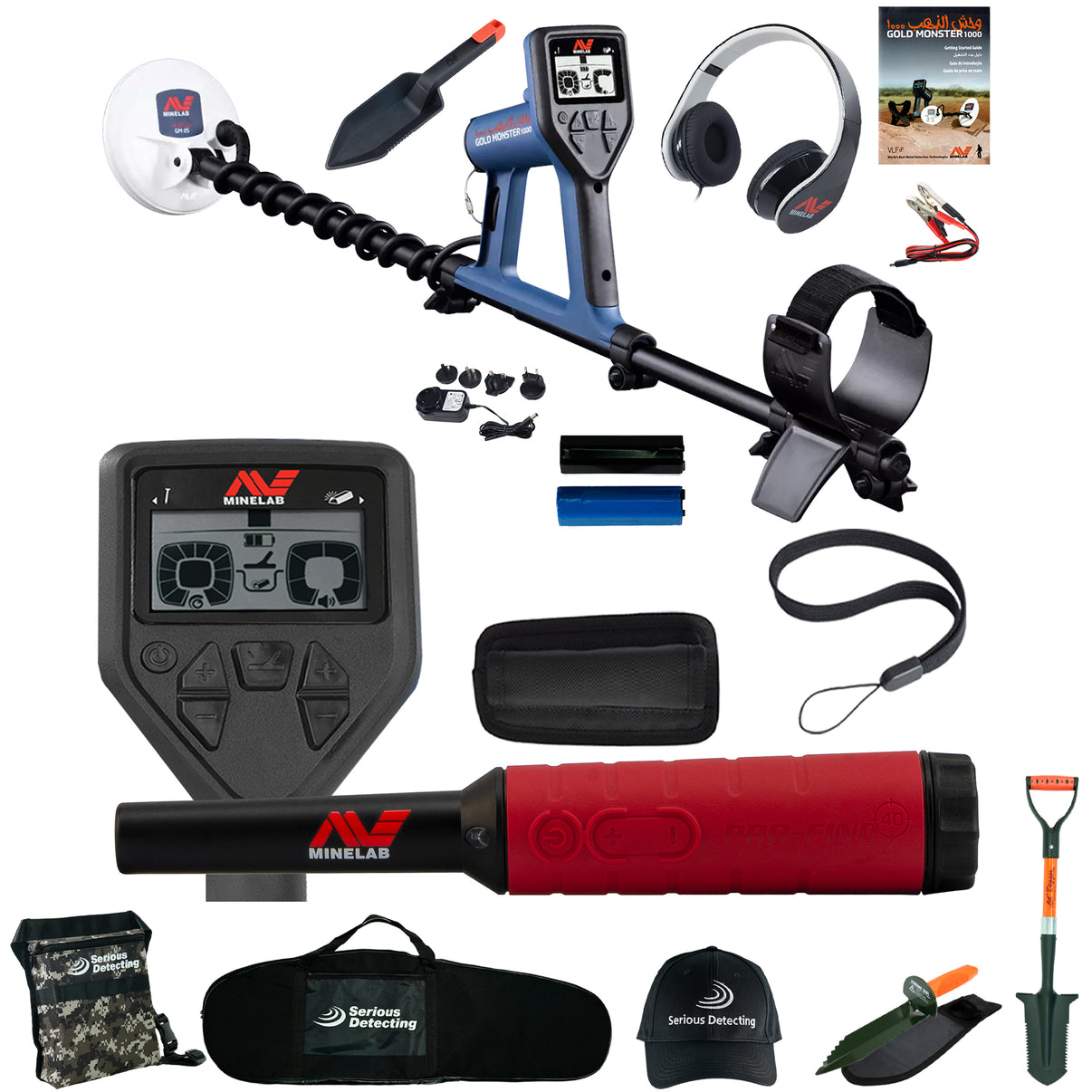 Minelab GOLD MONSTER 1000 Metal Detector with 5" Coil and Pro-Find 40 Pinpointer  includes Serious Detecting Accessory Kit